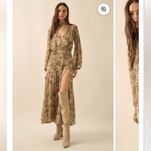 NWT Promesa Tan Treasured Beauty Floral Chiffon V-Neck Maxi Dress Size Large